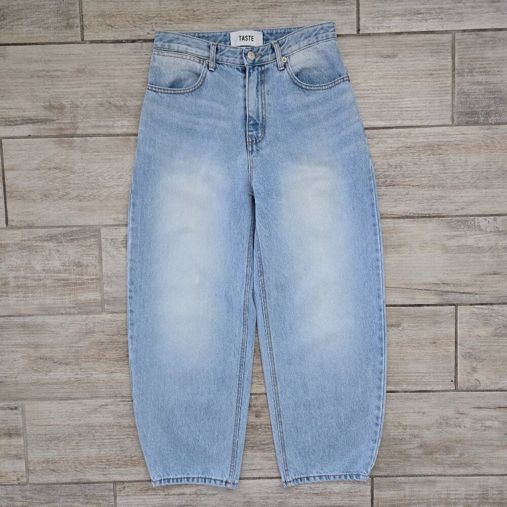 Taste Lightwash Barrell Jeans Women Faded Blue High Rise K Pop Tapered Ankle S